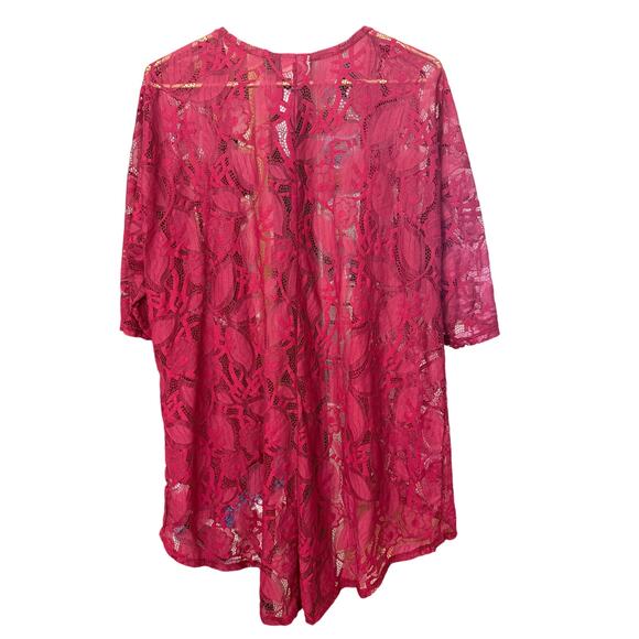 LuLaRoe Pink Lace Open Front Top Elbow Sleeve High Low Hem Oversized Size S EUC - Picture 3 of 6